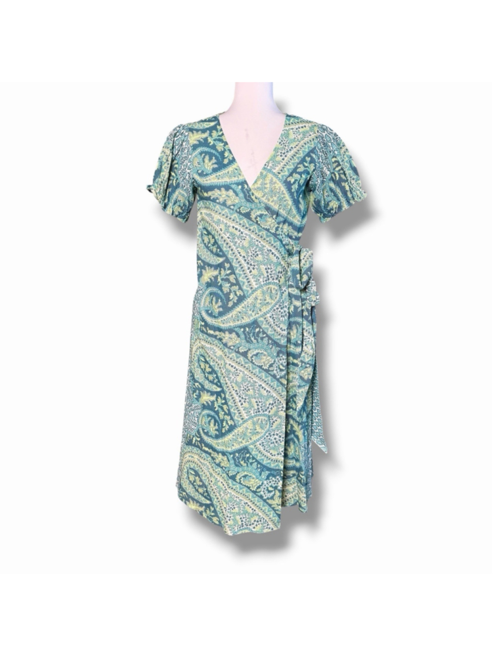 D’Ascoli M Green Blue Floral Paisley Boho Cotton Wrap Midi Dress NWOT V Neck
